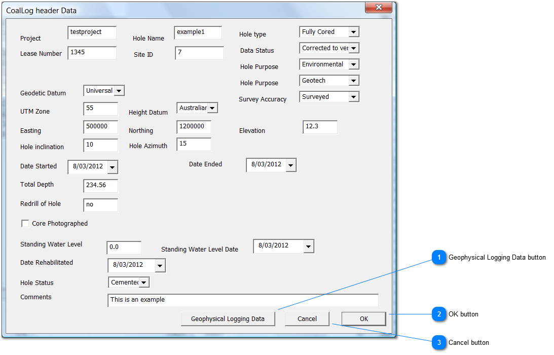 CoalLog header Data window